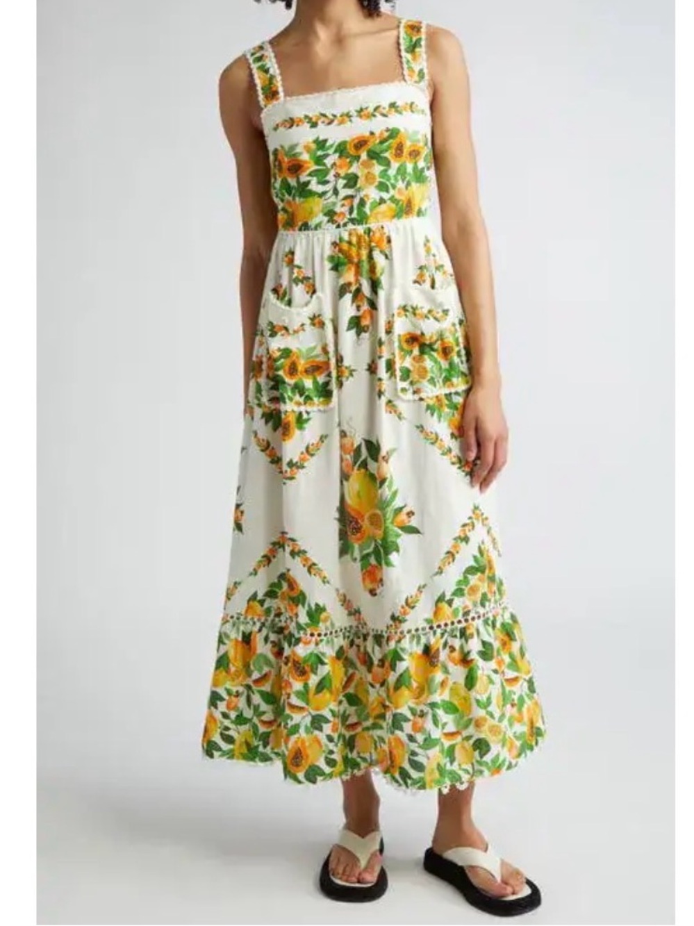 Farm Rio Papaya Salad Scarf Print Linen Blend Maxi Dress